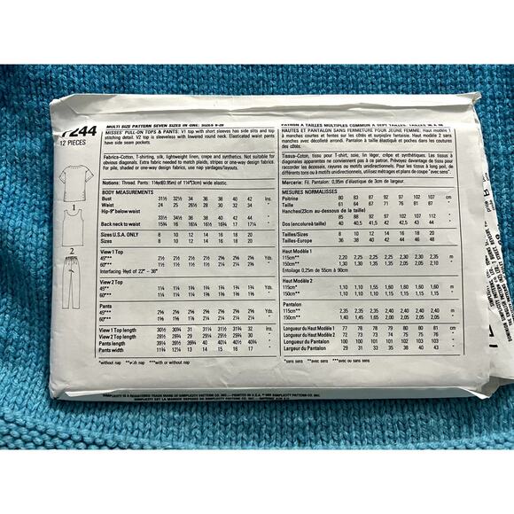 Simplicity 7244 Sewing pattern tshirt tank top pants slim leg 1990s size 8-20 - Picture 3 of 5